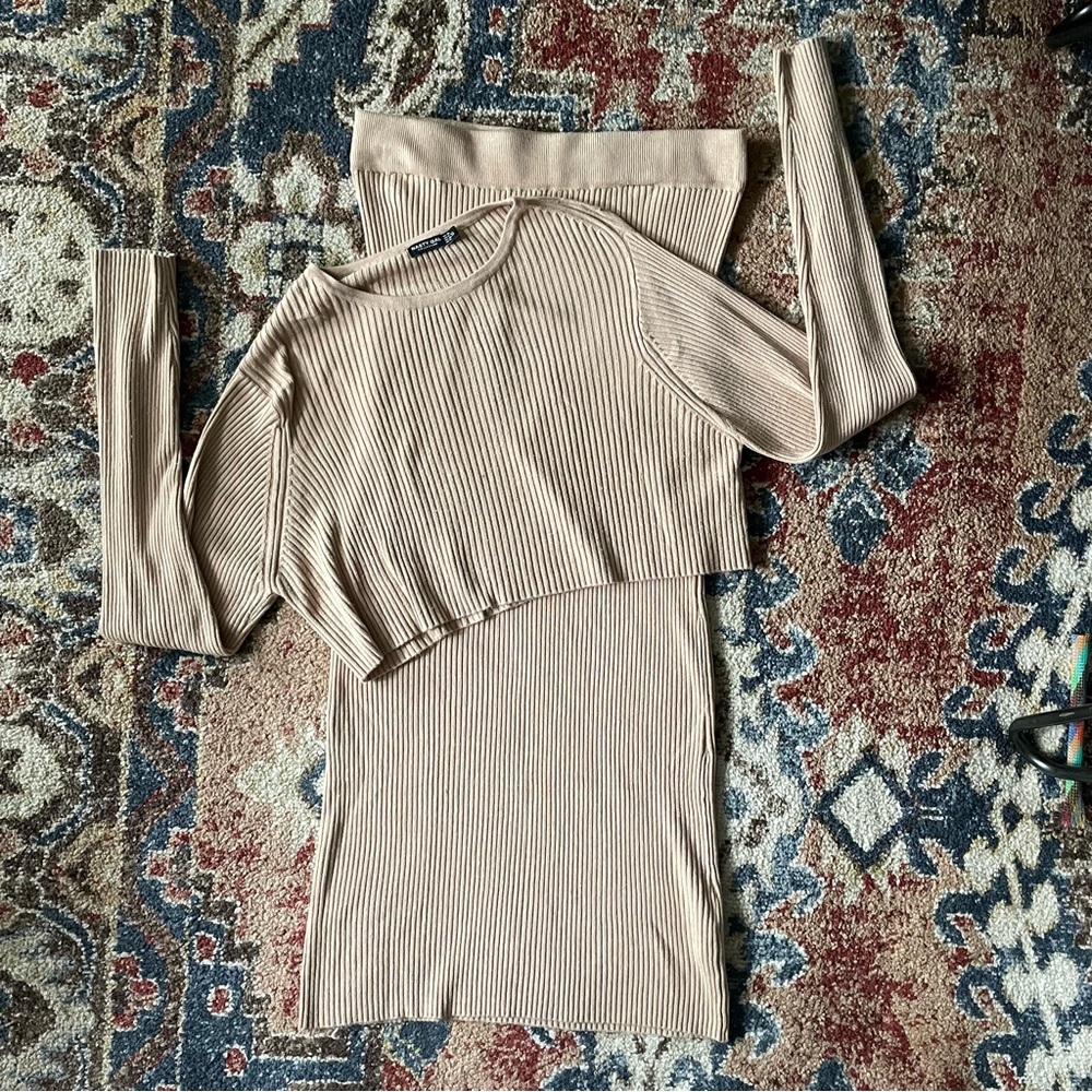 Nasty Gal Ribbed Beige Knit Two-Piece Sweater Set, size 10